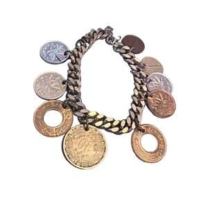 VINTAGE Signed Reinad Gold & Silver Tone Charm Coin Bracelet